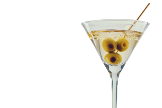 Bar-style classic martini with olives on stick isolated on transparent background