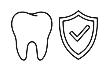 Dental Protection Symbol with Shield and Checkmark, Tooth Care Icon, Oral Health Safety, Dentist Approved Dental Hygiene Concept, Vector Outline Illustration for Medical and Health Apps