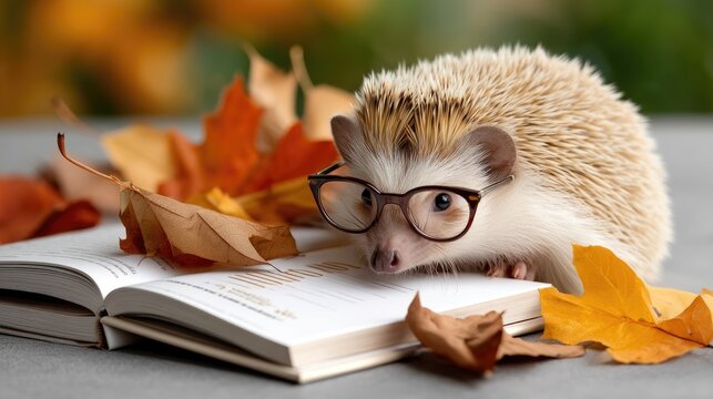 A small hedgehog with glasses explores an open book, surrounded by floating autumn leaves in a tranquil setting