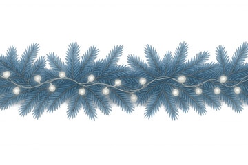 Blue christmas fir garland decorating with white string lights, festive winter holiday border, transparent background