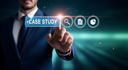 Businessman interacting with a digital interface displaying case study and business analytics icons
