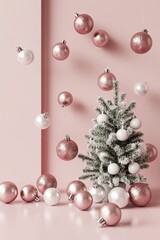 Decorative Christmas tree with pink and white ornaments on a pastel background during the holiday season