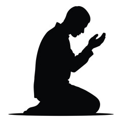 Silhouette of a muslim man praying in namaz on a prayer rug in a devotional posture with open hands raised silhouette