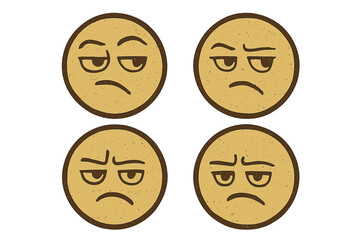 Vintage retro disapproval emoticon set with grunge texture, vector emoji smiley icons showing skeptical, annoyed, doubtful facial expressions, isolated on transparent background, ordered collection