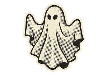 Vintage halftone white sheet ghost cartoon vector illustration, retro Halloween spooky paper collage sticker, 90s zine style dotted texture, ghost character design