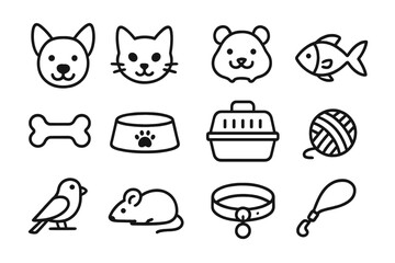 Simple outline icons of pets and accessories, vector cartoon set with dog, cat, hamster, fish, bird, mouse, bone, food bowl, carrier, yarn ball, collar, and leash, transparent background
