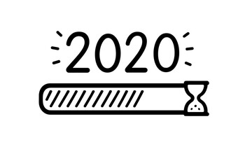 New Year 2020 loading vector icon. Progress bar countdown almost reaching New Year's Eve. Doodle download screen concept with hourglass. Metaphor for time passing, waiting.