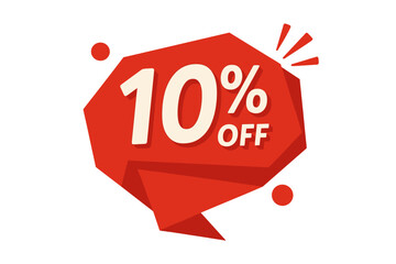 Modern red geometric discount bubble with 10% off sale sticker, trendy vector price tag design, special offer label, retro promotional marketing badge
