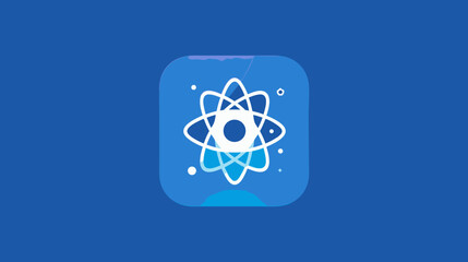 Abstract technology icon with stylized atom and digital particles on blue background for software development and programming concepts