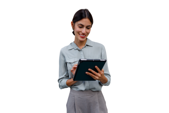 Businesswoman using digital tablet, managing corporate work, smiling during technology interaction on transparent background