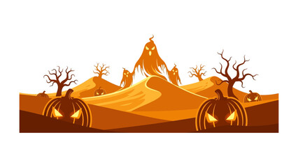 Halloween Silhouette: A spooky Halloween scene, featuring silhouetted pumpkins, trees, and ghosts against a desert backdrop, perfect for capturing the eerie atmosphere of the holiday. 