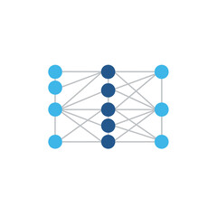 A diagram illustrating a neural network with three layers of nodes and connecting lines representing data flow.