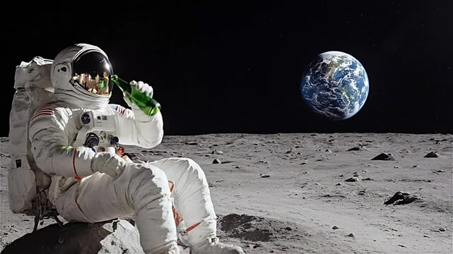 Astronaut relaxing on Moon with a drink and watching Earth
