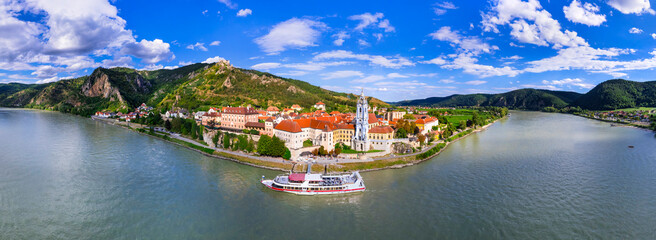 Austria tourism. Wachau valley scenery Danube river boat cruise. scenic village Durnstein ,aerial panoramic view of colorful town