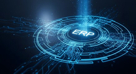 Futuristic glowing erp system interface with digital data streams