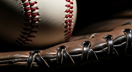 Close-up of a baseball resting on a worn wooden baseball bat ready for game day action