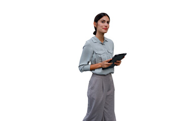 Businesswoman holding tablet, confident professional woman working digitally, transparent background for easy integration