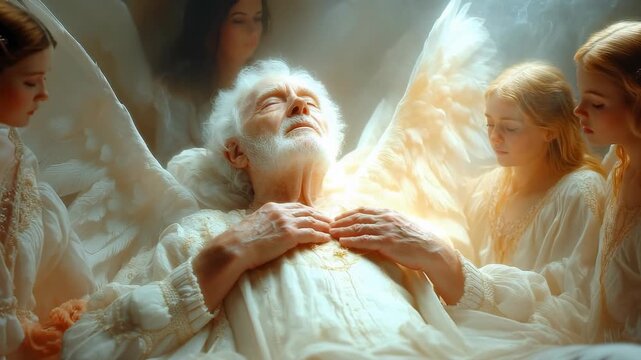 Human final moment: deathbed scene, soul departure, body stillness, spiritual passage, angelic meeting, sacred transition, eternal journey, peaceful release, divine presence, last breath