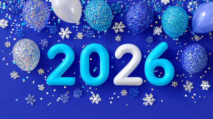 Bright and playful “2026” text in a holiday style, featuring New Year decorations such as snowflakes, confetti, garlands, and ornaments. Vibrant and cheerful design, conveying joy and festive spirit. 