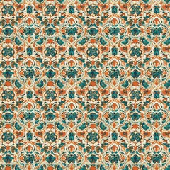 Seamless Turkish mosaic pattern, orange,
turquoise, cream, repeating geometric motif, high-resolution textile design, trending in Europe design patterns seamless fabric pattern, textile background