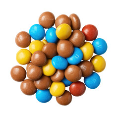 Colorful chocolate candies arranged in a playful and vibrant display on a white background