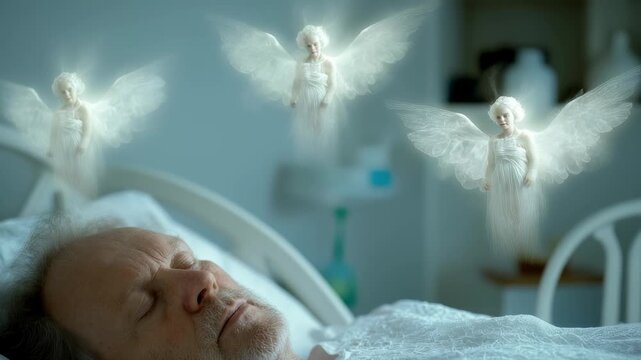 Human passing scene: soul separation, body quiet, death ritual, angelic presence, sacred meeting, spiritual crossing, eternal release, divine farewell, peaceful transit, heavenly embrace, final breath