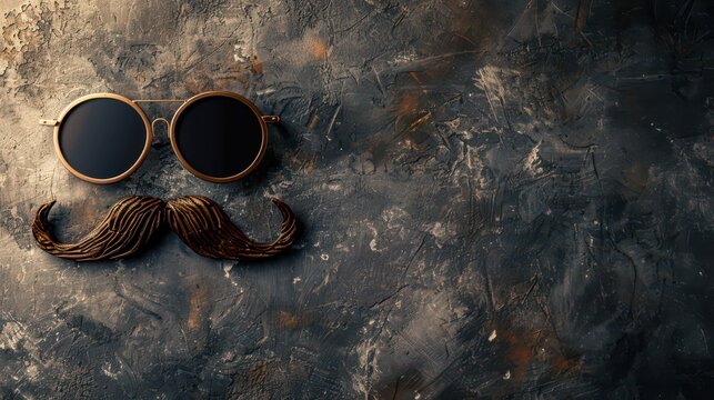 Playful movember concept with sunglasses and moustache on rustic background for men's health awareness. Horizontal banner. Copy space. Men's health awareness concept. Prostate Cancer Awareness - Powered by Adobe