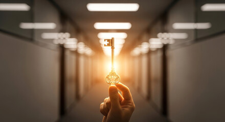 Hand Holding a Glowing Golden Key Up in a Brightly Lit Corporate Office Hallway, Solution Concept