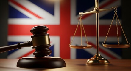 Justice and law in the united kingdom symbolized by gavel and scales of justice