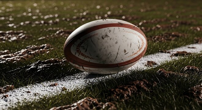 Rugby ball resting on grass field with white line a symbol of sports and competition