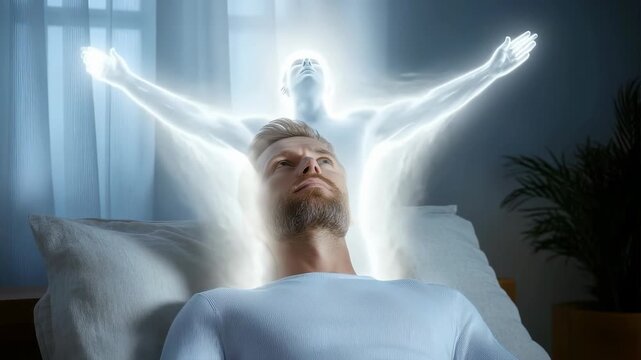 Human passing scene: soul separation, body quiet, death ritual, angelic presence, sacred meeting, spiritual crossing, eternal release, divine farewell, peaceful transit, heavenly embrace, final breath