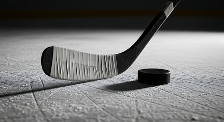 Close-up extreme angle black and white of a hockey stick and puck on ice