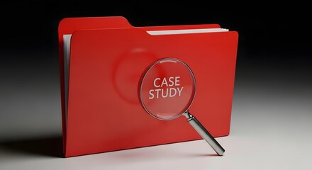 Magnifying glass examines red folder labeled case study