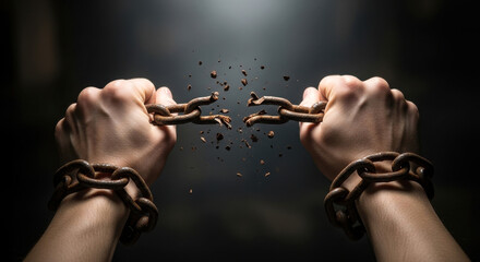 Hands Breaking Free From Rusty Chains with Exploding Links, Symbolizing Freedom and Liberation