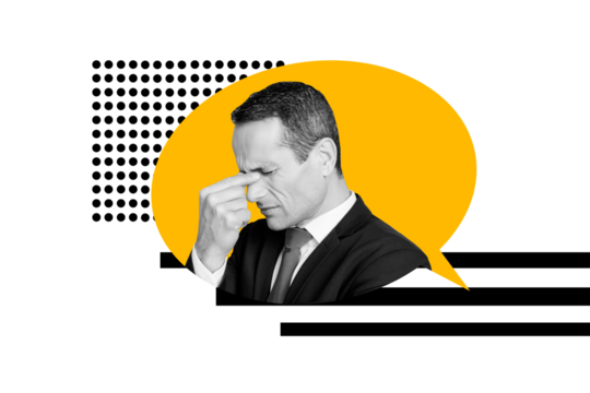 Composite trend artwork image photo collage of huge speech cloud young man office manager worker headache overworked think mind stress