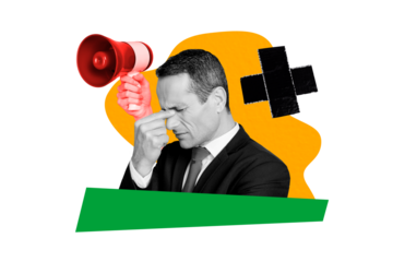 Composite photo collage of unhappy tired businessman work failure hand hold megaphone promote control isolated on painted background
