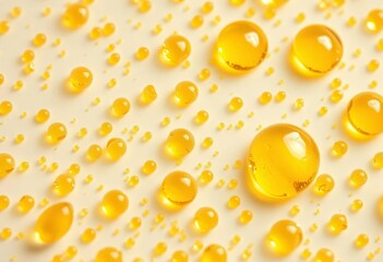 Golden serum oil droplets on white, close-up texture,  rich,  radiant