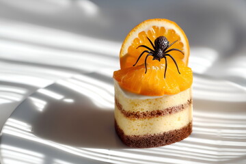 A chocolate spider-decorated cake for Halloween.