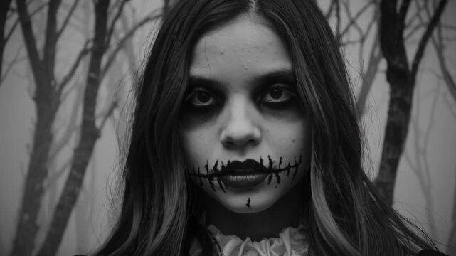 Girl with spooky makeup and dark clothing gazes intensely, as the scene unfolds in a misty forest, enhancing the Halloween atmosphere with each frame