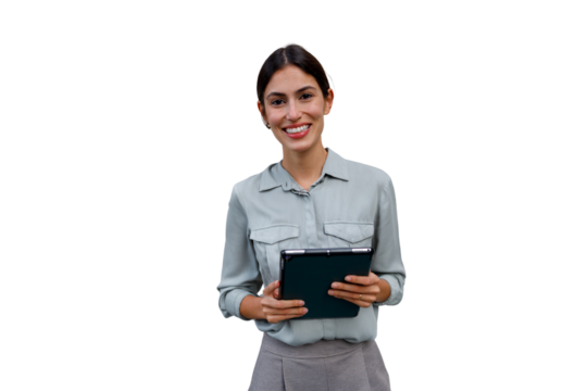 Professional woman smiling, holding digital tablet, concept of modern business and technology, transparent background
