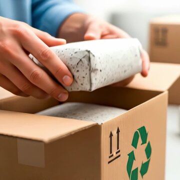 Hands packing sustainable product in recyclable cardboard box for shipping.