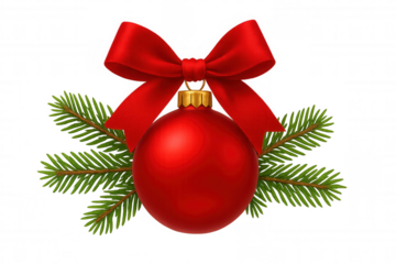 Christmas red bauble with shiny satin bow and green fir branches, isolated on transparent background