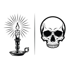 Mysterious skull and glowing candle in gothic style for tattoo and design projects silhouette