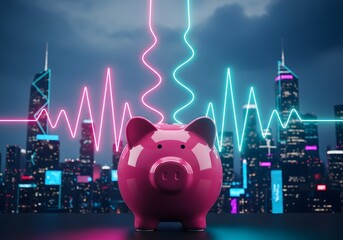 Piggy bank with neon cityscape and soundwave energy
