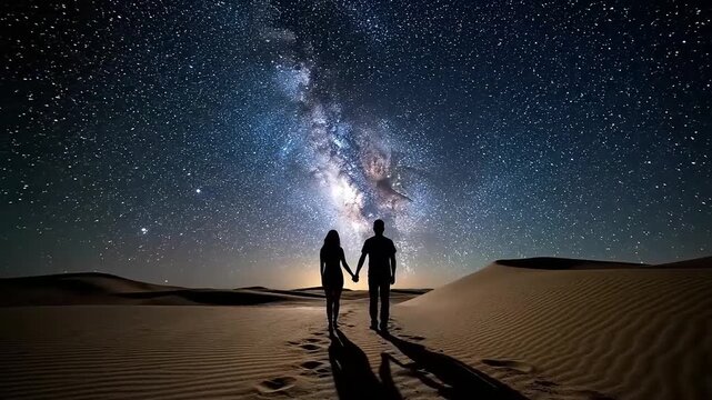 Romantic couple walking hand in hand across vast desert dunes at night under a breathtaking starry sky with the beautiful Milky Way visible a serene and wondrou