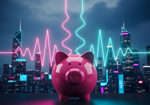 Piggy bank with neon cityscape and soundwave energy