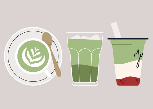 Vibrant matcha drink set displays three unique styles, inviting tea enthusiasts to savor delightful flavors and embrace a refreshing experience in a relaxed setting