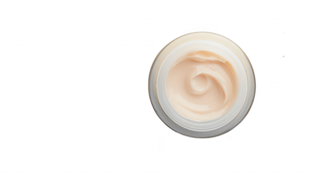 A close-up view of a creamy skincare product in a glass jar. its smooth texture against a clean white background with subtle glitter accents. ideal for beauty and wellness marketing