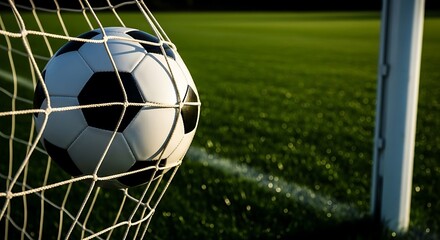 Close-up of a soccer ball scoring a goal hitting the back of the net on a sports field