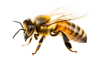 A close-up view of a honeybee its intricate details. including its wings and body structure. set against a clean white background. ideal for educational or nature-related uses